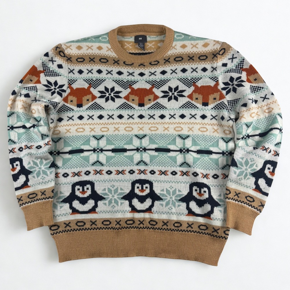 H&M Fair Isle Sweater Mens XL Tan Fox Penguin Animal Print Winter Holiday Party